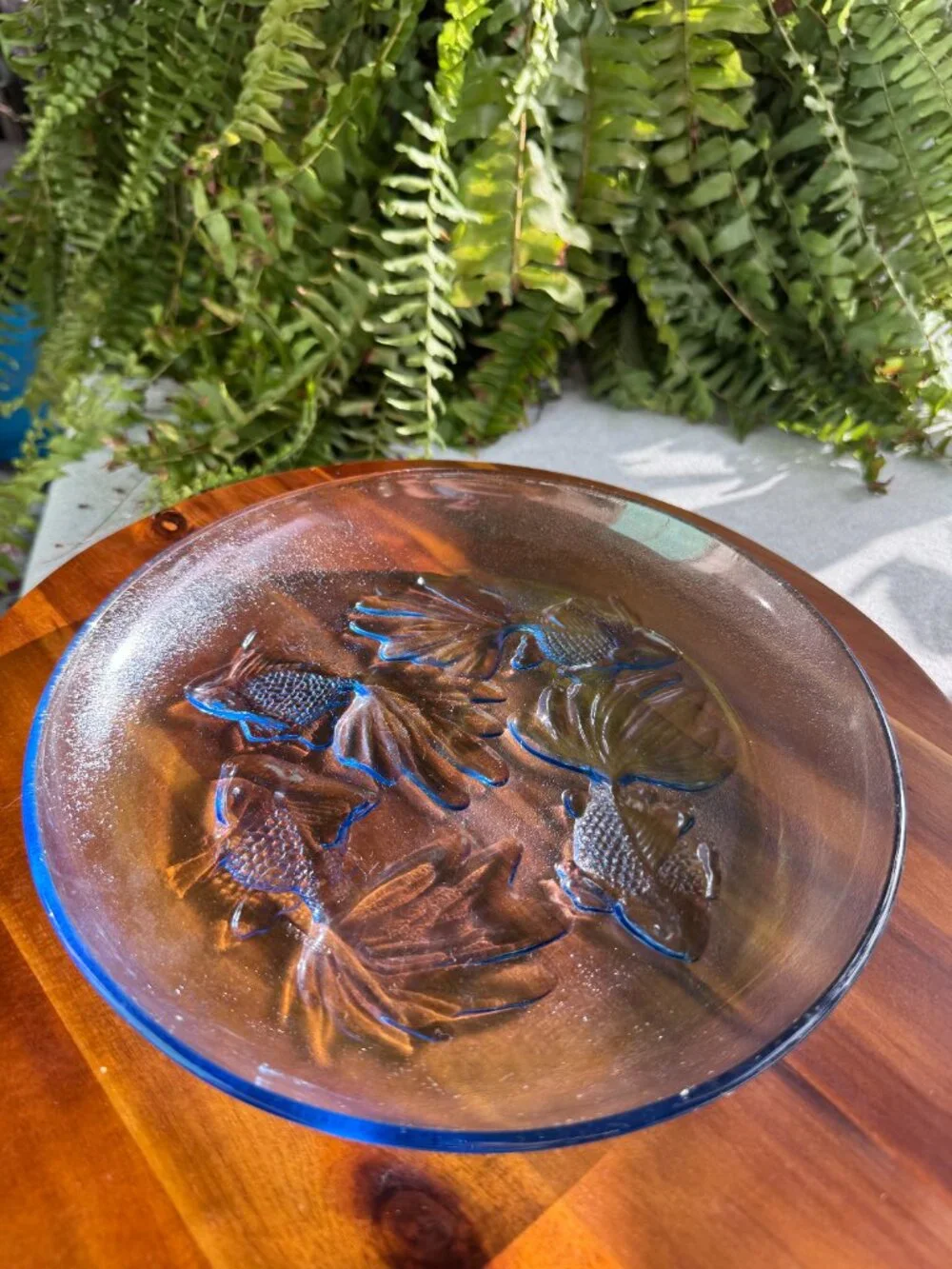Vintage Pasari Blue Glass Plates with Koi Fish / Lobsters